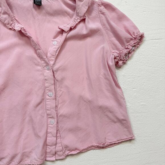 Shein Pink Ruffle Trim Button Front Crop Blouse, Size Small - Picture 3 of 7